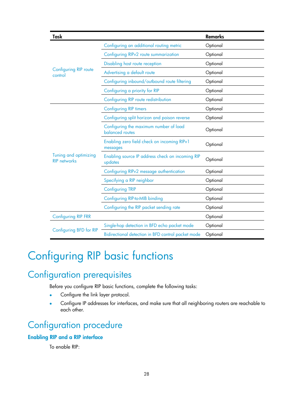 Configuring rip basic functions, Configuration prerequisites, Configuration procedure | Enabling rip and a rip interface | H3C Technologies H3C SR8800 User Manual | Page 44 / 431