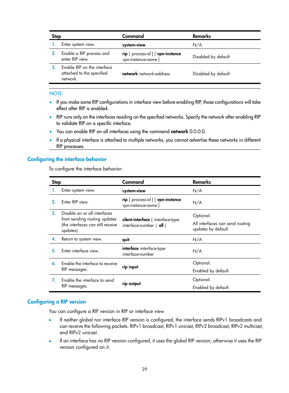 Configuring the interface behavior, Configuring a rip version | H3C Technologies H3C SR8800 User Manual | Page 45 / 431