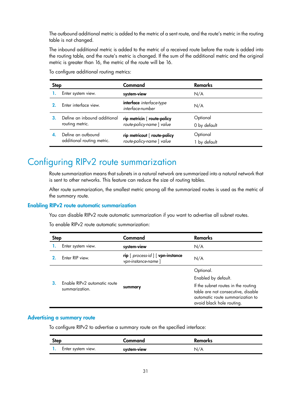 Configuring ripv2 route summarization, Enabling ripv2 route automatic summarization, Advertising a summary route | H3C Technologies H3C SR8800 User Manual | Page 47 / 431