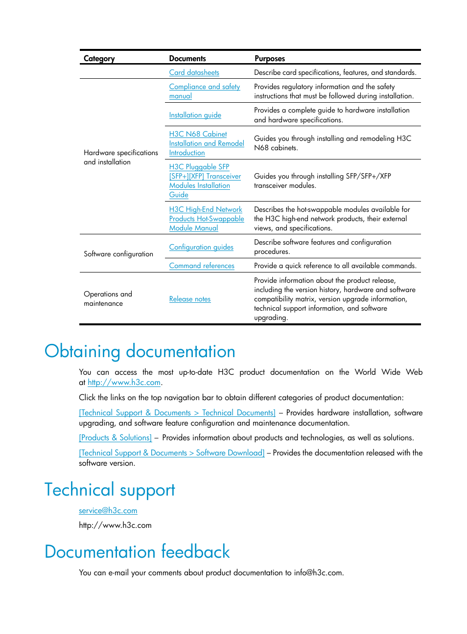 Obtaining documentation, Technical support, Documentation feedback | H3C Technologies H3C SR8800 User Manual | Page 5 / 431