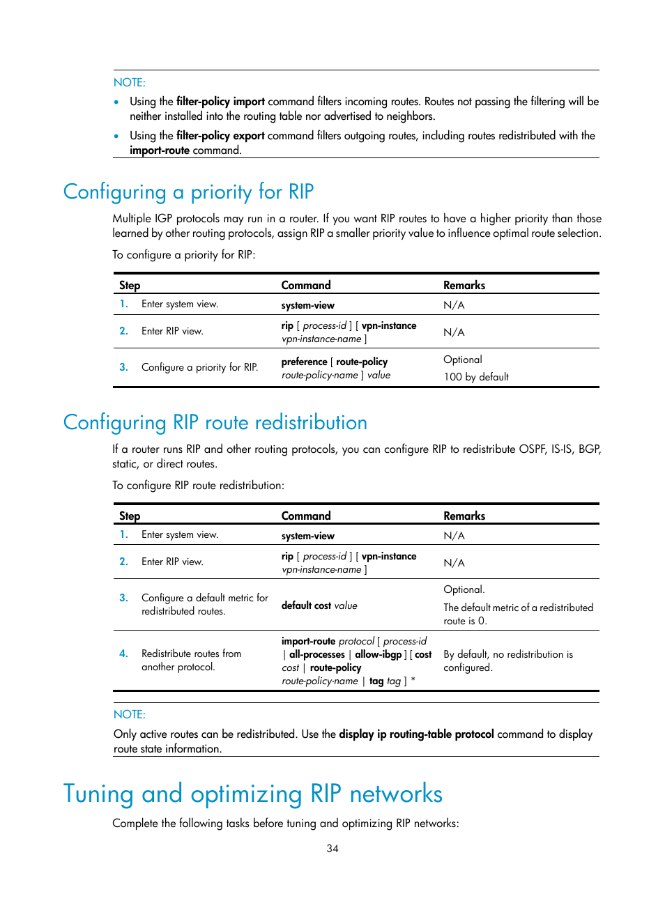 Configuring a priority for rip, Configuring rip route redistribution, Tuning and optimizing rip networks | H3C Technologies H3C SR8800 User Manual | Page 50 / 431