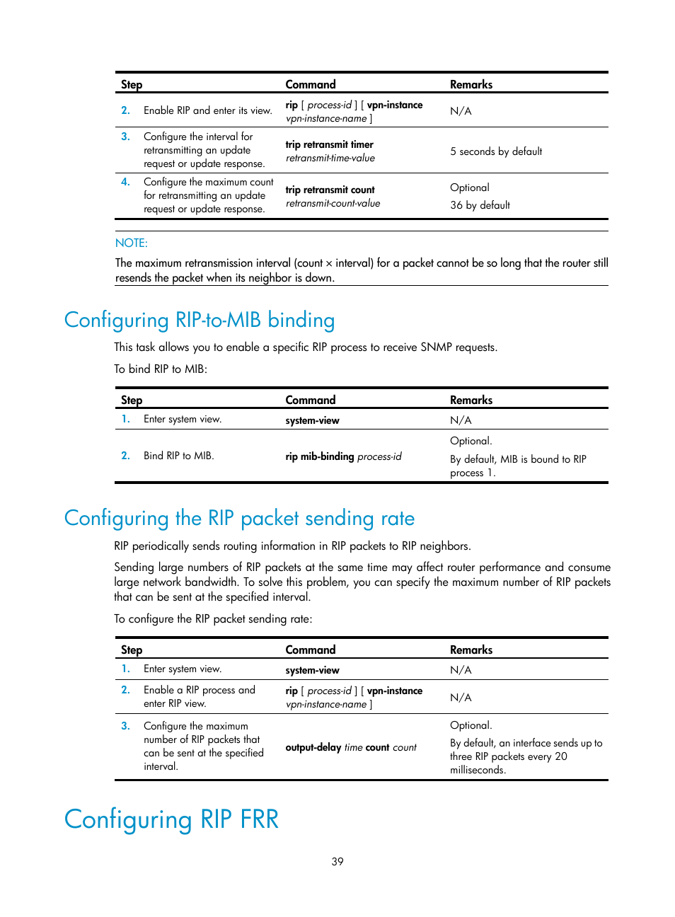 Configuring rip-to-mib binding, Configuring the rip packet sending rate, Configuring rip frr | H3C Technologies H3C SR8800 User Manual | Page 55 / 431