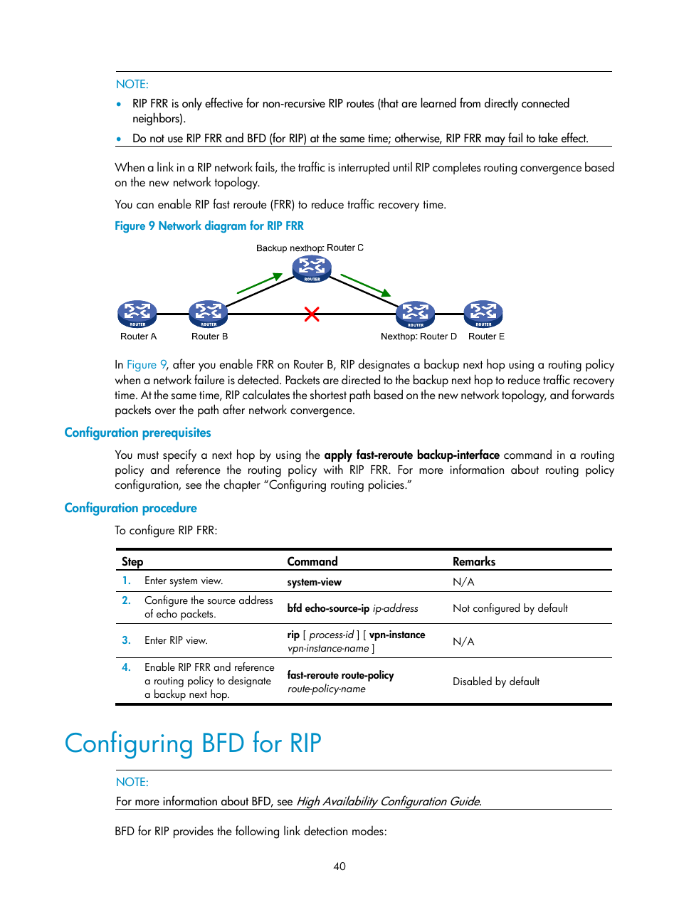 Configuration prerequisites, Configuration procedure, Configuring bfd for rip | H3C Technologies H3C SR8800 User Manual | Page 56 / 431