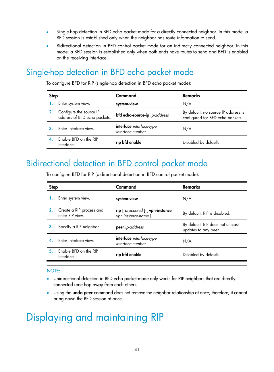 Single-hop detection in bfd echo packet mode, Bidirectional detection in bfd control packet mode, Displaying and maintaining rip | H3C Technologies H3C SR8800 User Manual | Page 57 / 431