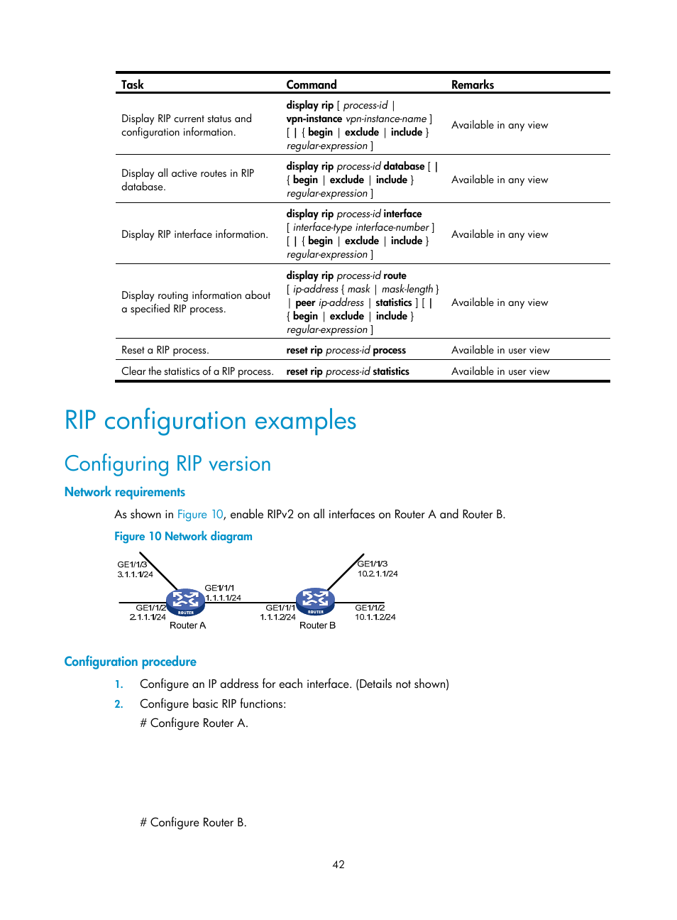 Rip configuration examples, Configuring rip version, Network requirements | Configuration procedure | H3C Technologies H3C SR8800 User Manual | Page 58 / 431