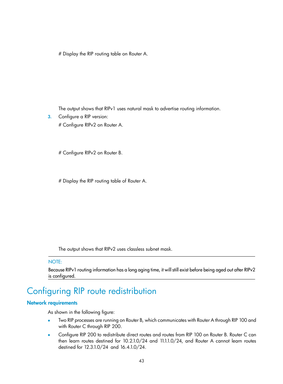 Configuring rip route redistribution, Network requirements | H3C Technologies H3C SR8800 User Manual | Page 59 / 431