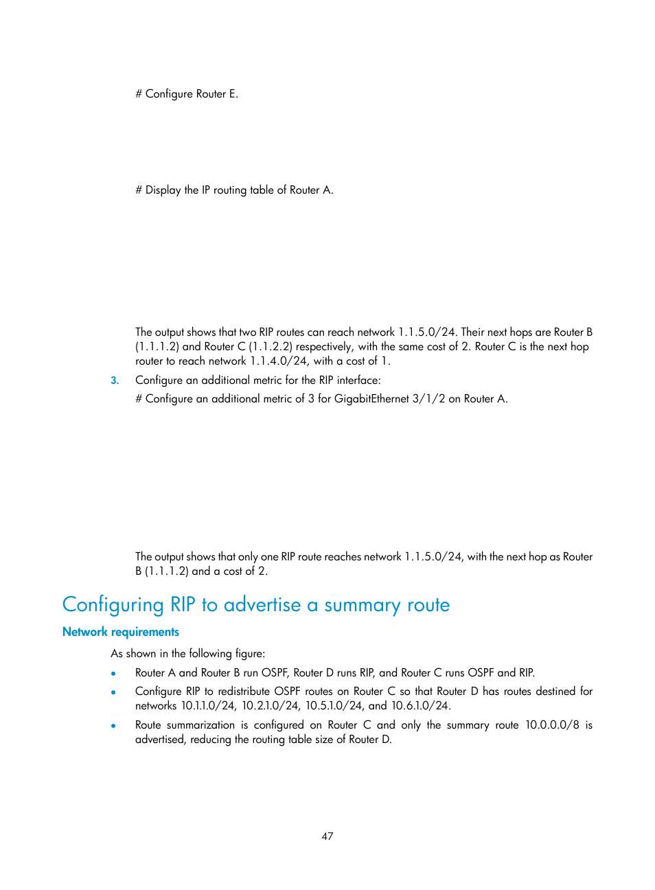 Configuring rip to advertise a summary route, Network requirements | H3C Technologies H3C SR8800 User Manual | Page 63 / 431