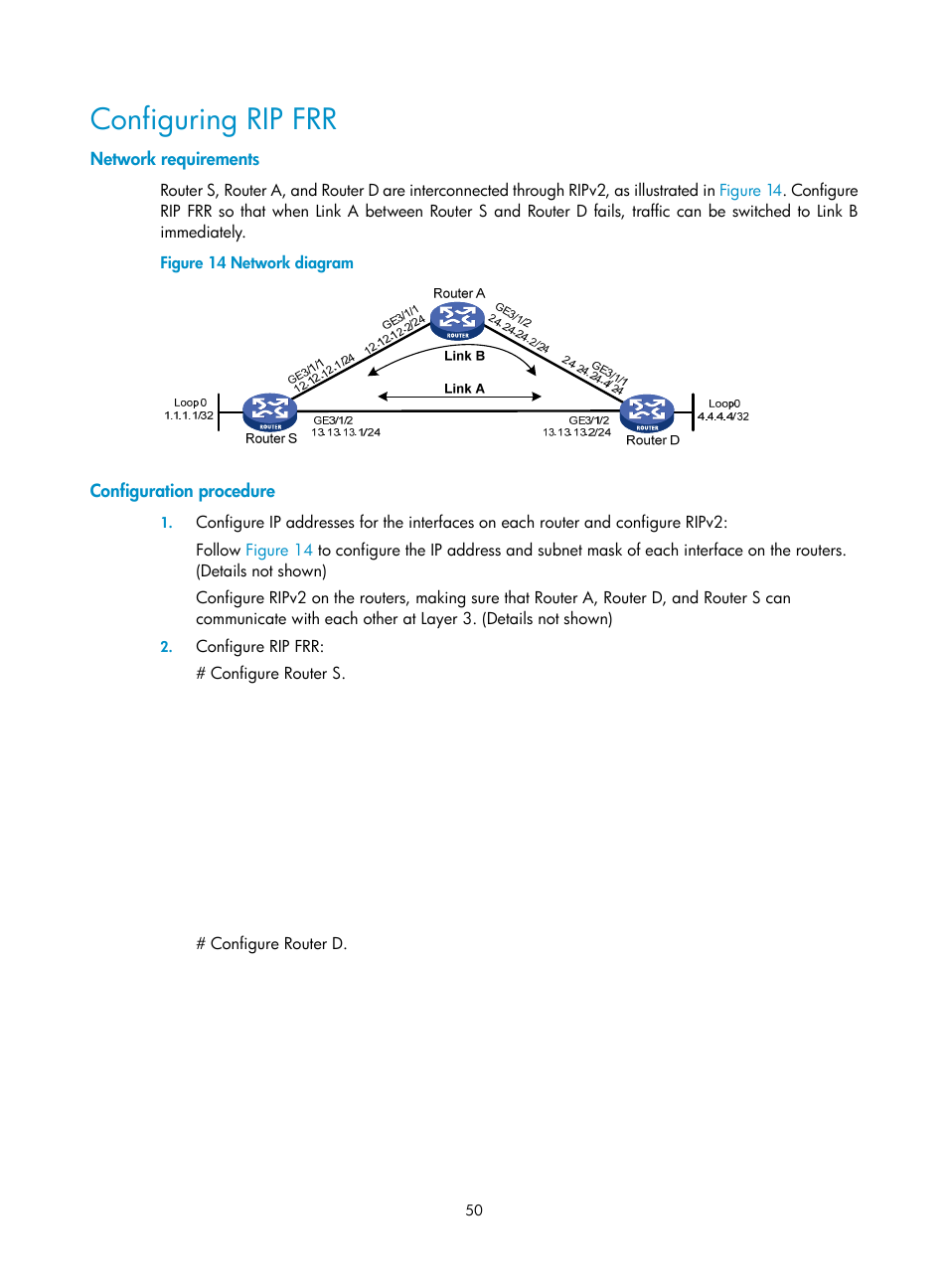 Configuring rip frr, Network requirements, Configuration procedure | H3C Technologies H3C SR8800 User Manual | Page 66 / 431