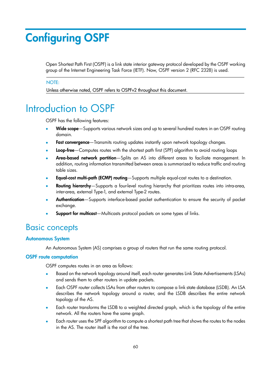 Configuring ospf, Introduction to ospf, Basic concepts | Autonomous system, Ospf route computation | H3C Technologies H3C SR8800 User Manual | Page 76 / 431