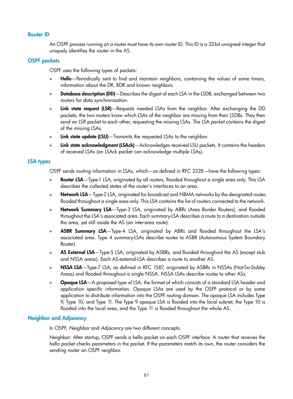 Router id, Ospf packets, Lsa types | Neighbor and adjacency | H3C Technologies H3C SR8800 User Manual | Page 77 / 431