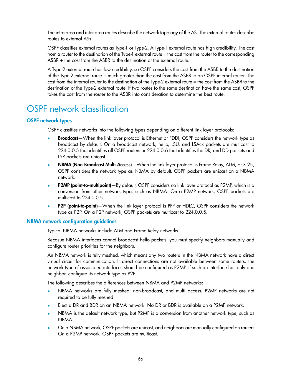 Ospf network classification, Ospf network types, Nbma network configuration guidelines | H3C Technologies H3C SR8800 User Manual | Page 82 / 431