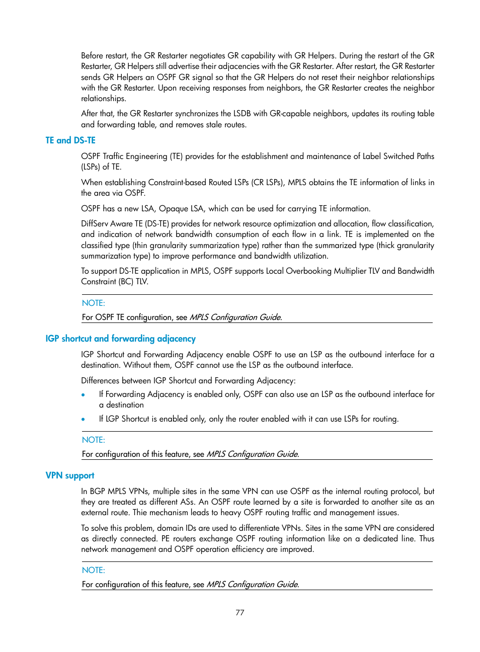 Te and ds-te, Igp shortcut and forwarding adjacency, Vpn support | H3C Technologies H3C SR8800 User Manual | Page 93 / 431