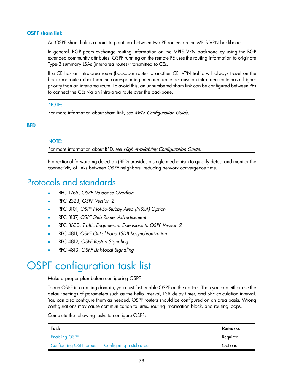 Ospf sham link, Protocols and standards, Ospf configuration task list | H3C Technologies H3C SR8800 User Manual | Page 94 / 431