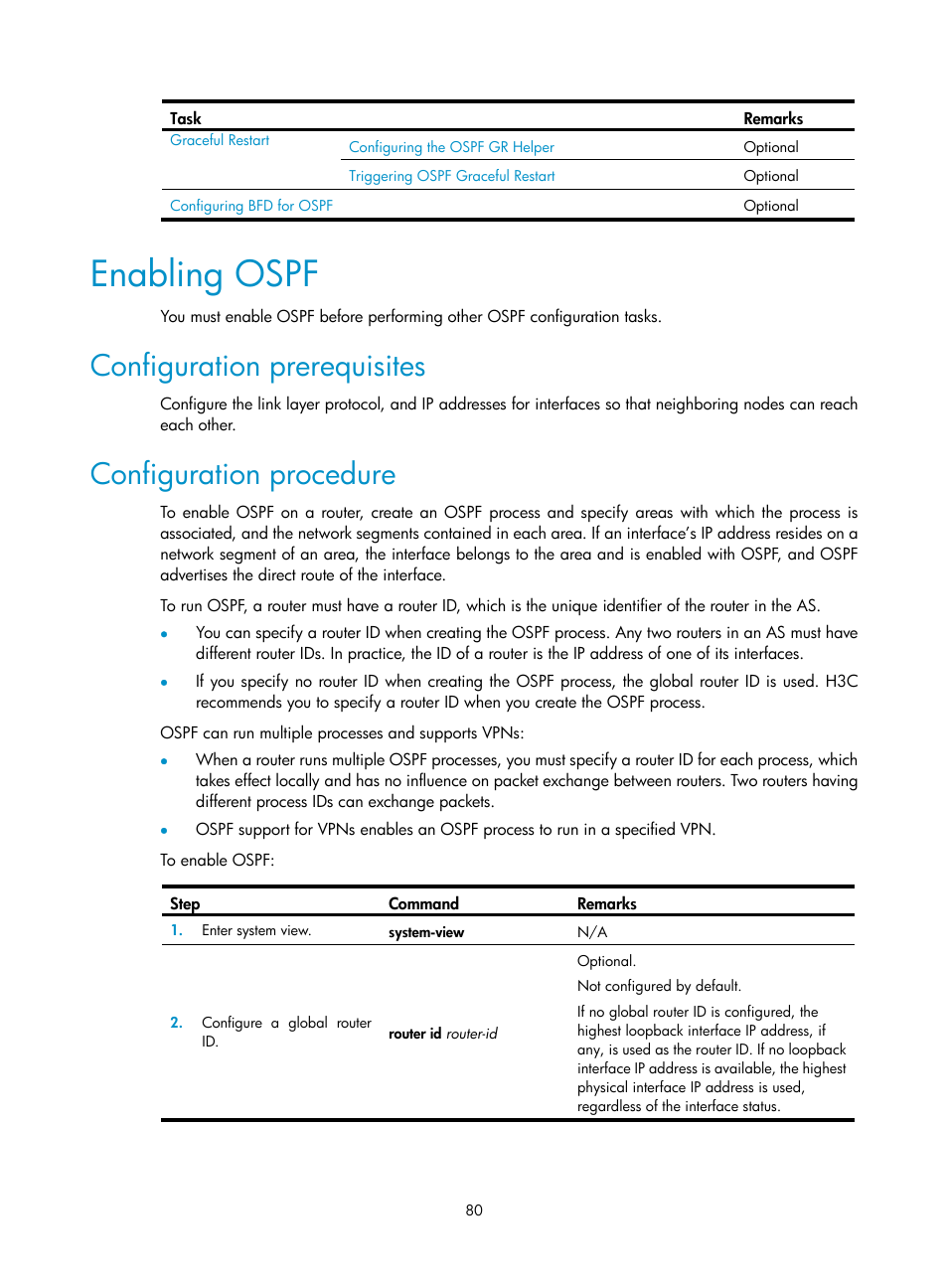 Enabling ospf, Configuration prerequisites, Configuration procedure | H3C Technologies H3C SR8800 User Manual | Page 96 / 431