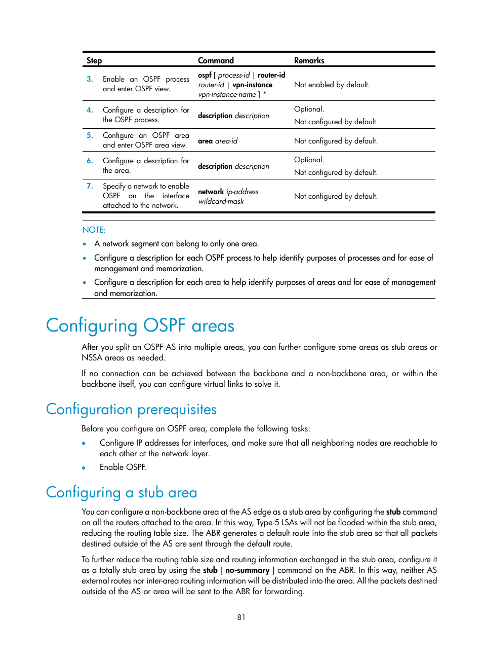 Configuring ospf areas, Configuration prerequisites, Configuring a stub area | H3C Technologies H3C SR8800 User Manual | Page 97 / 431