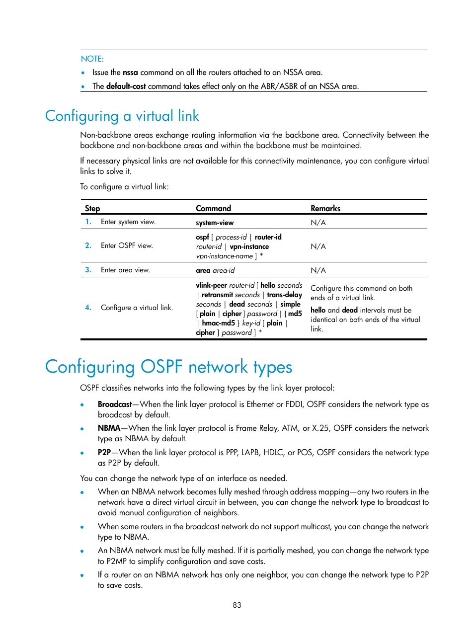 Configuring a virtual link, Configuring ospf network types | H3C Technologies H3C SR8800 User Manual | Page 99 / 431