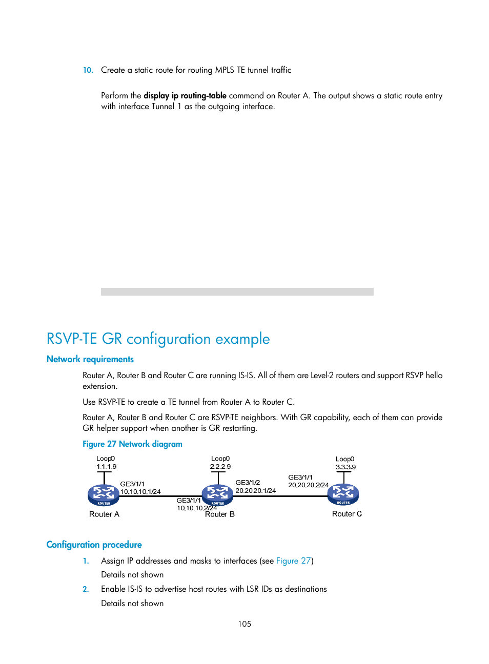 Rsvp-te gr configuration example, Network requirements, Configuration procedure | H3C Technologies H3C SR8800 User Manual | Page 116 / 410