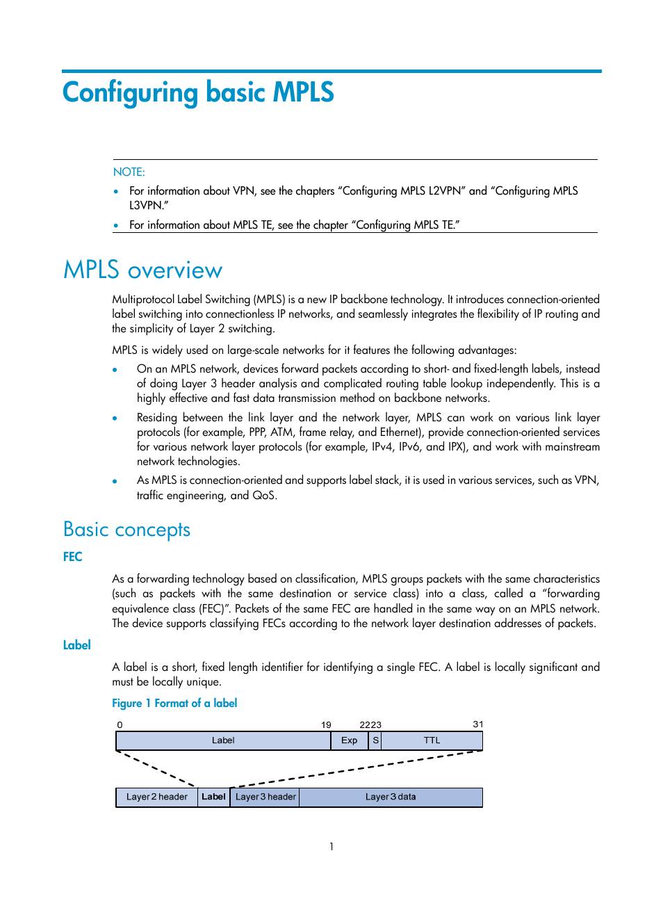 Configuring basic mpls, Mpls overview, Basic concepts | Label | H3C Technologies H3C SR8800 User Manual | Page 12 / 410