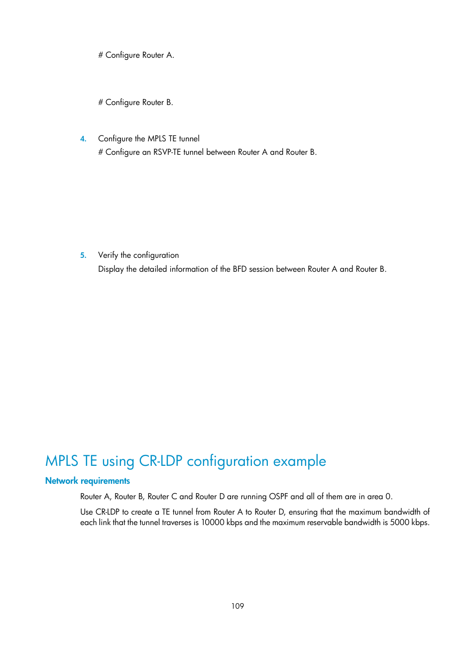 Mpls te using cr-ldp configuration example, Network requirements | H3C Technologies H3C SR8800 User Manual | Page 120 / 410