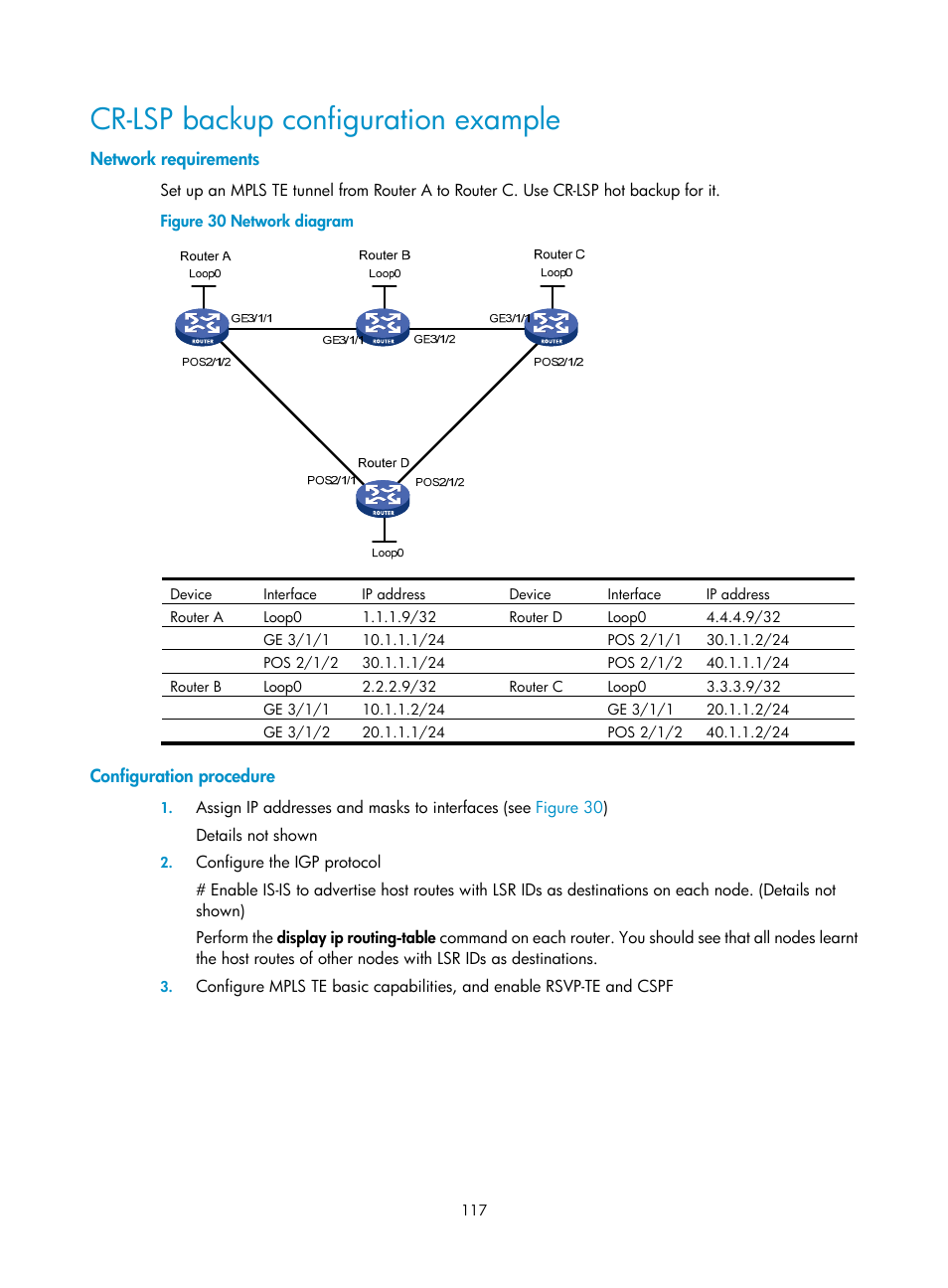 Cr-lsp backup configuration example, Network requirements, Configuration procedure | H3C Technologies H3C SR8800 User Manual | Page 128 / 410