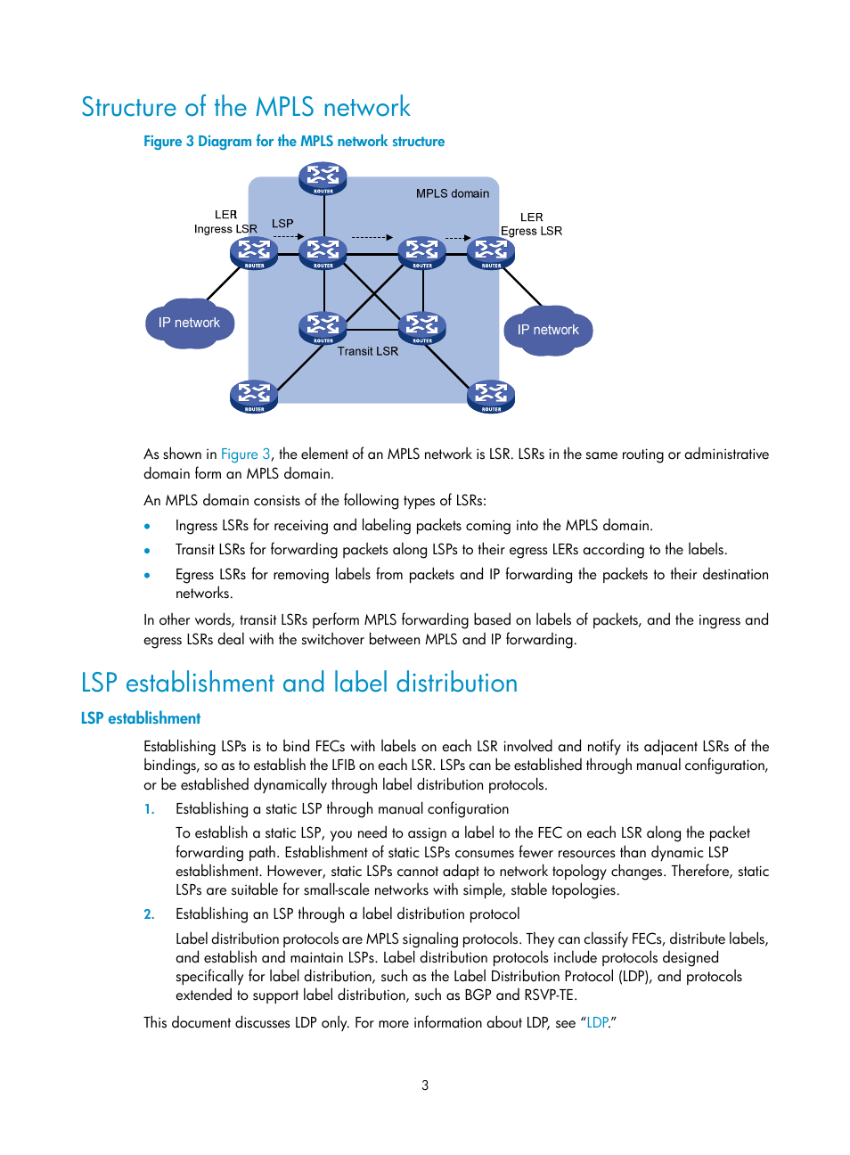 Structure of the mpls network, Lsp establishment and label distribution, Lsp establishment | H3C Technologies H3C SR8800 User Manual | Page 14 / 410