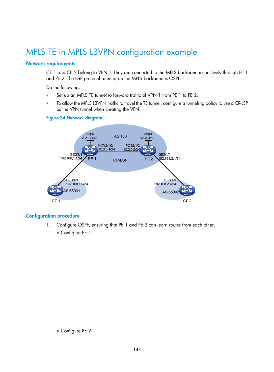 Mpls te in mpls l3vpn configuration example, Network requirements, Configuration procedure | H3C Technologies H3C SR8800 User Manual | Page 154 / 410