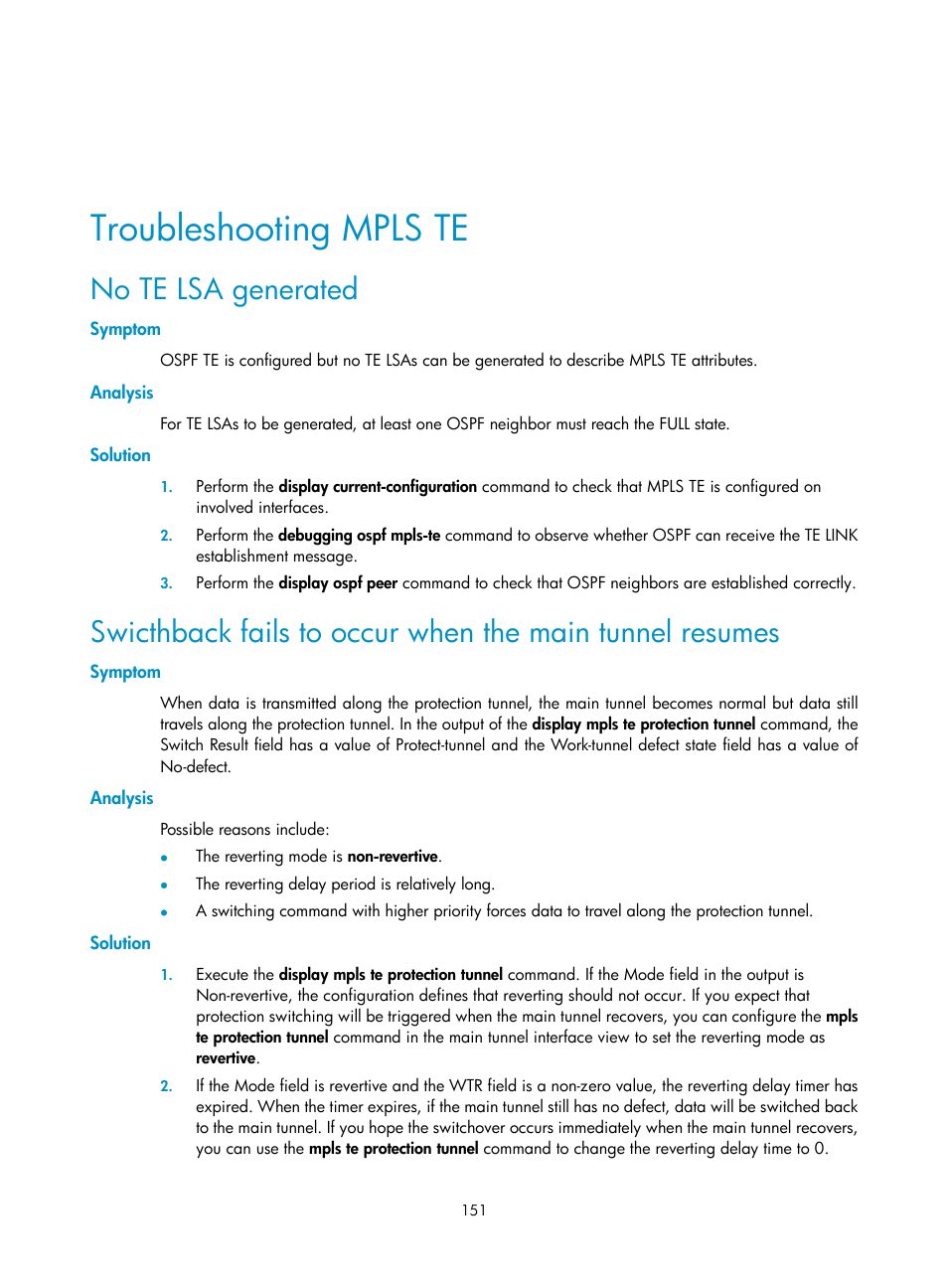 Troubleshooting mpls te, No te lsa generated, Symptom | Analysis, Solution | H3C Technologies H3C SR8800 User Manual | Page 162 / 410