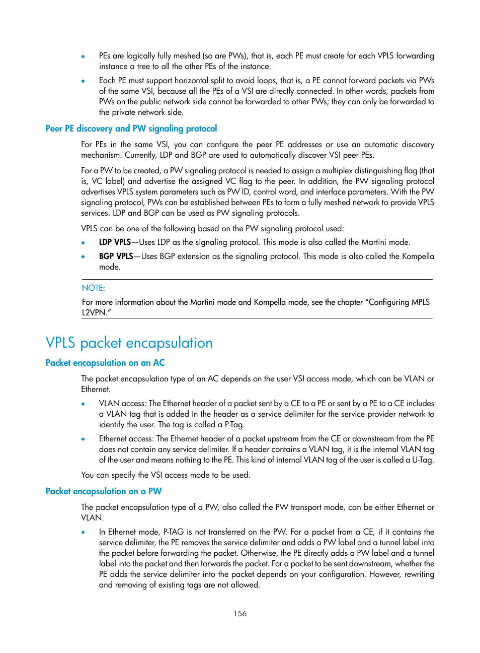 Peer pe discovery and pw signaling protocol, Vpls packet encapsulation, Packet encapsulation on an ac | Packet encapsulation on a pw | H3C Technologies H3C SR8800 User Manual | Page 167 / 410