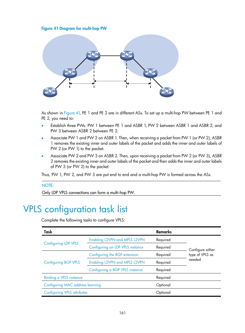 Vpls configuration task list | H3C Technologies H3C SR8800 User Manual | Page 172 / 410