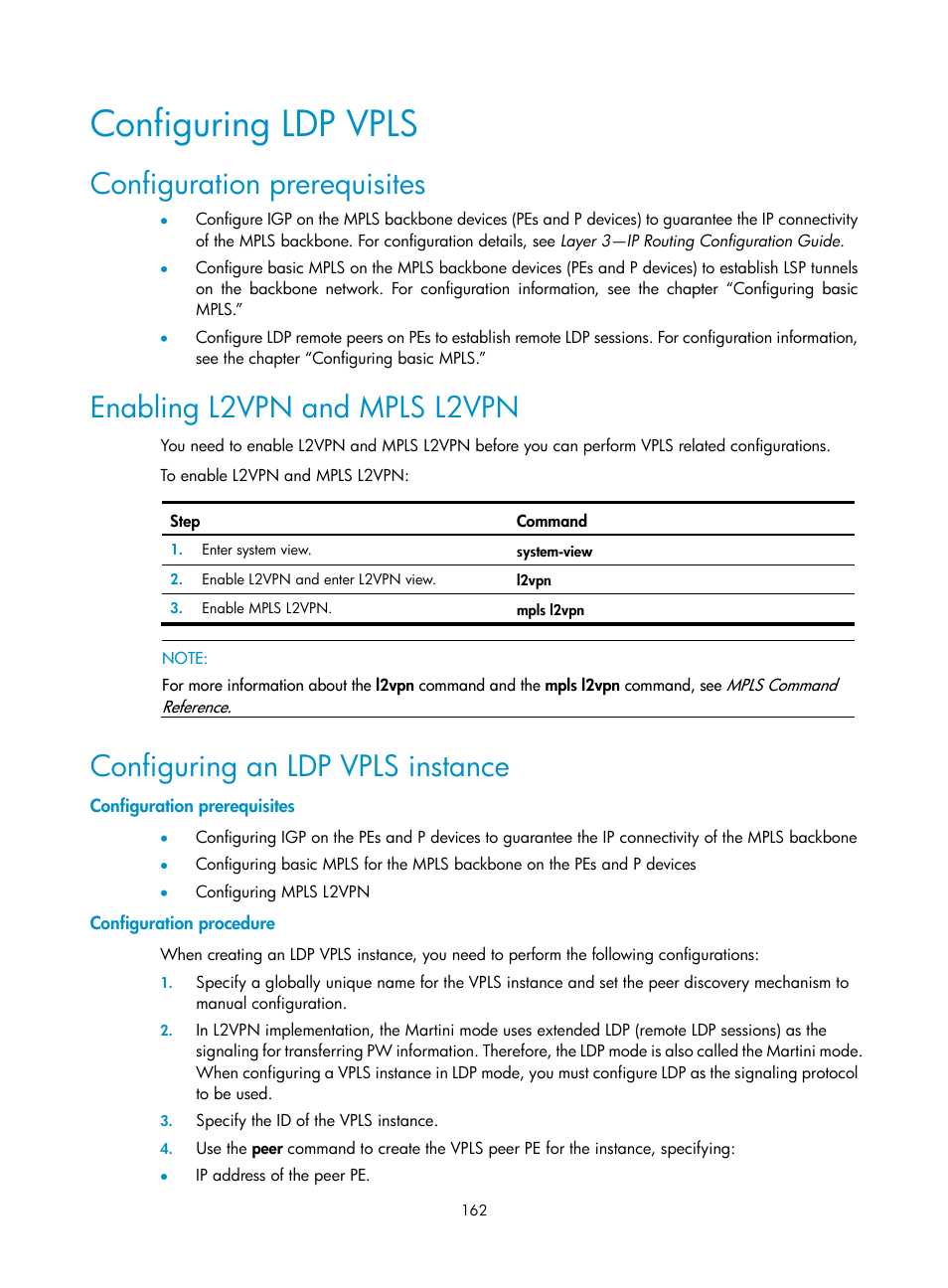 Configuring ldp vpls, Configuration prerequisites, Enabling l2vpn and mpls l2vpn | Configuring an ldp vpls instance, Configuration procedure | H3C Technologies H3C SR8800 User Manual | Page 173 / 410