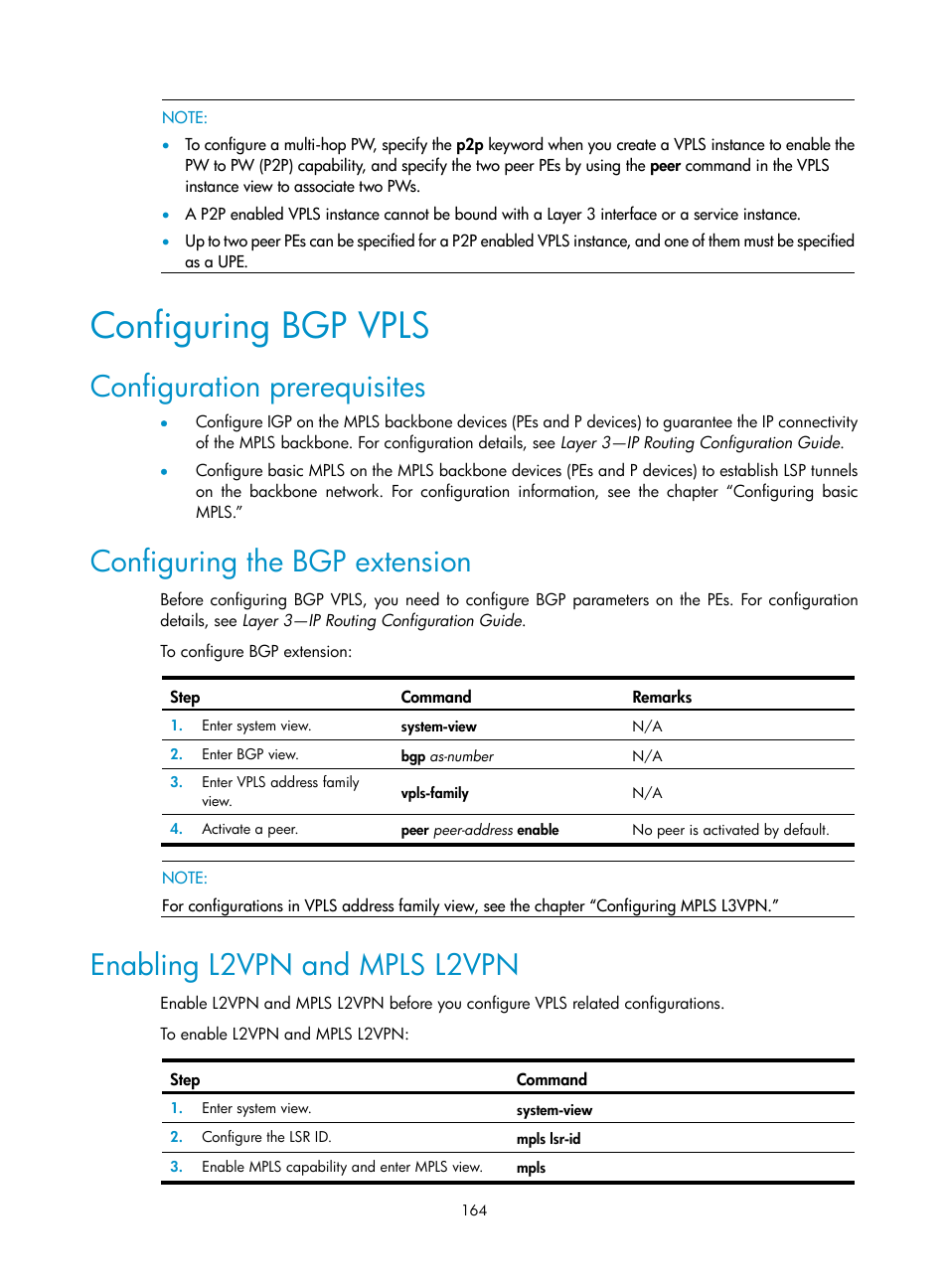 Configuring bgp vpls, Configuration prerequisites, Configuring the bgp extension | Enabling l2vpn and mpls l2vpn | H3C Technologies H3C SR8800 User Manual | Page 175 / 410