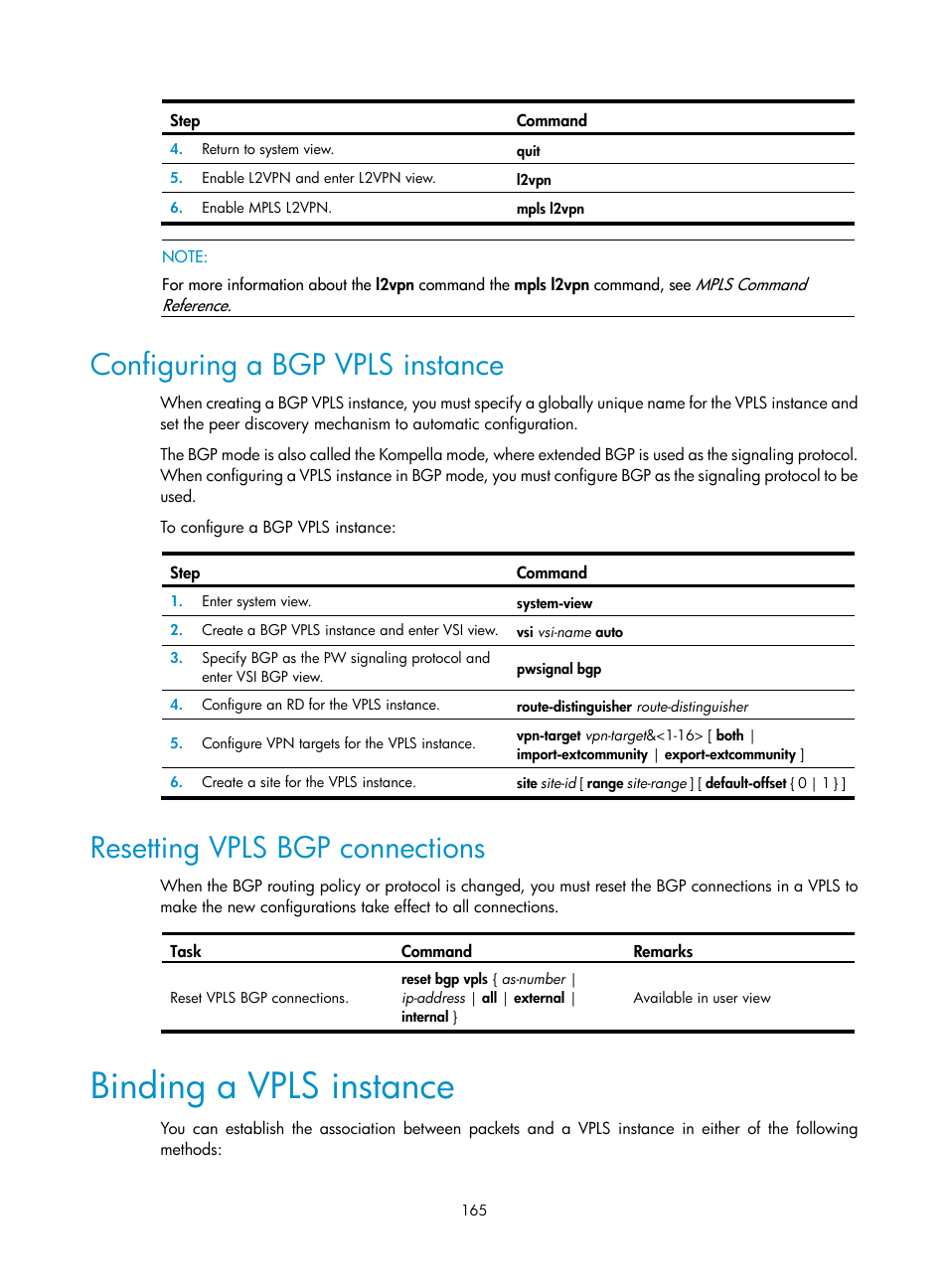 Configuring a bgp vpls instance, Resetting vpls bgp connections, Binding a vpls instance | H3C Technologies H3C SR8800 User Manual | Page 176 / 410