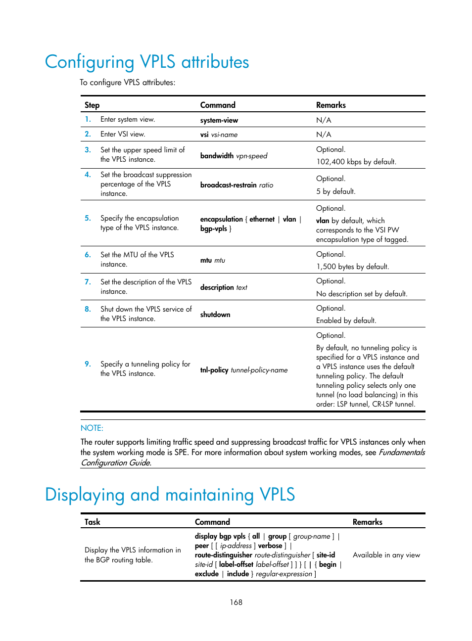 Configuring vpls attributes, Displaying and maintaining vpls | H3C Technologies H3C SR8800 User Manual | Page 179 / 410