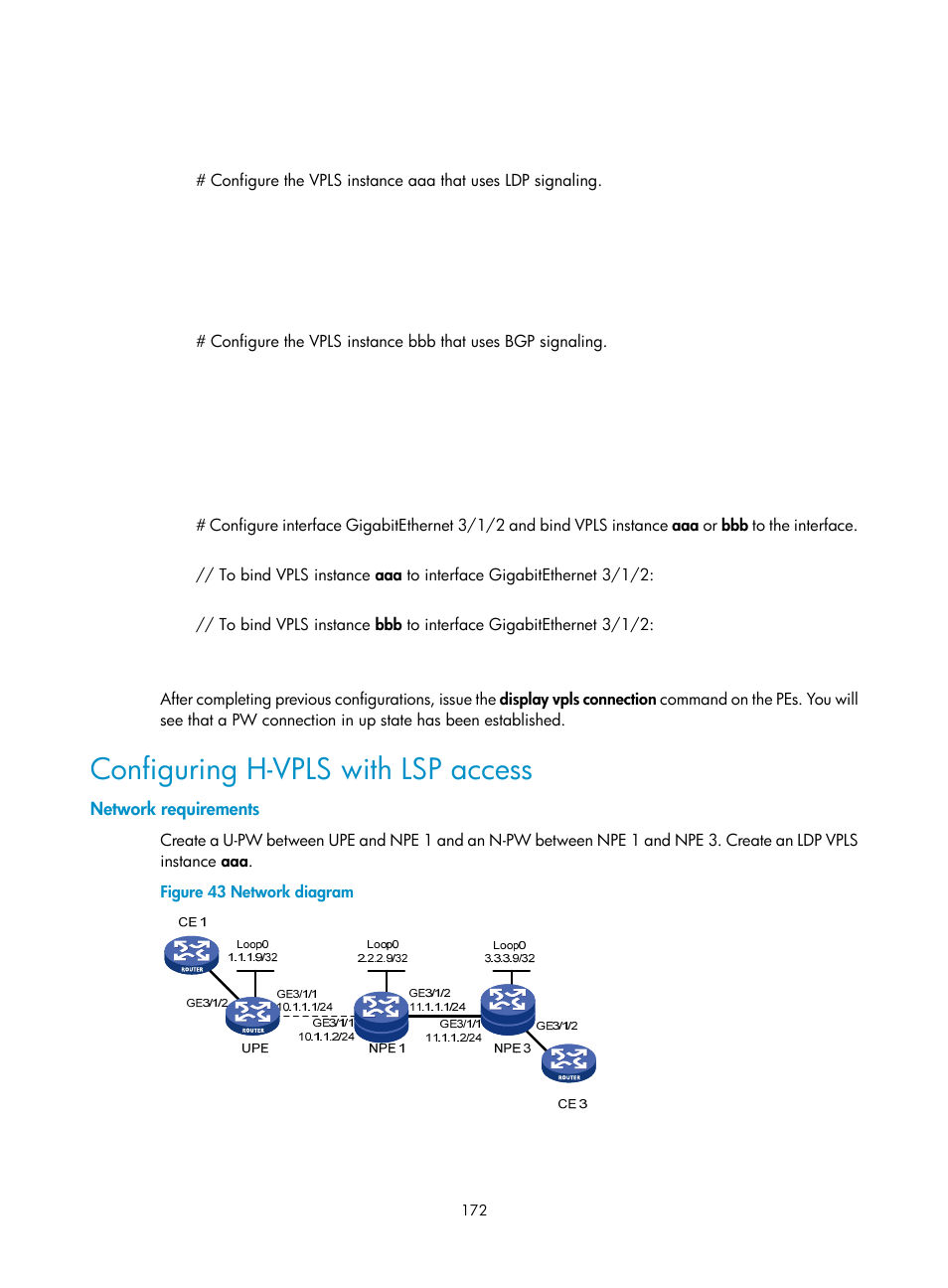 Configuring h-vpls with lsp access, Network requirements | H3C Technologies H3C SR8800 User Manual | Page 183 / 410