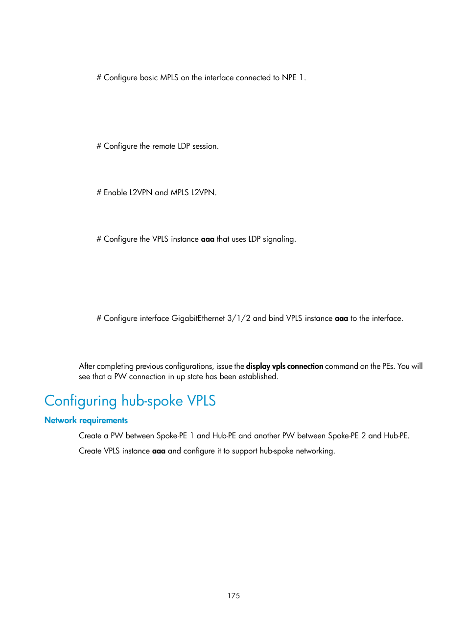 Configuring hub-spoke vpls, Network requirements | H3C Technologies H3C SR8800 User Manual | Page 186 / 410