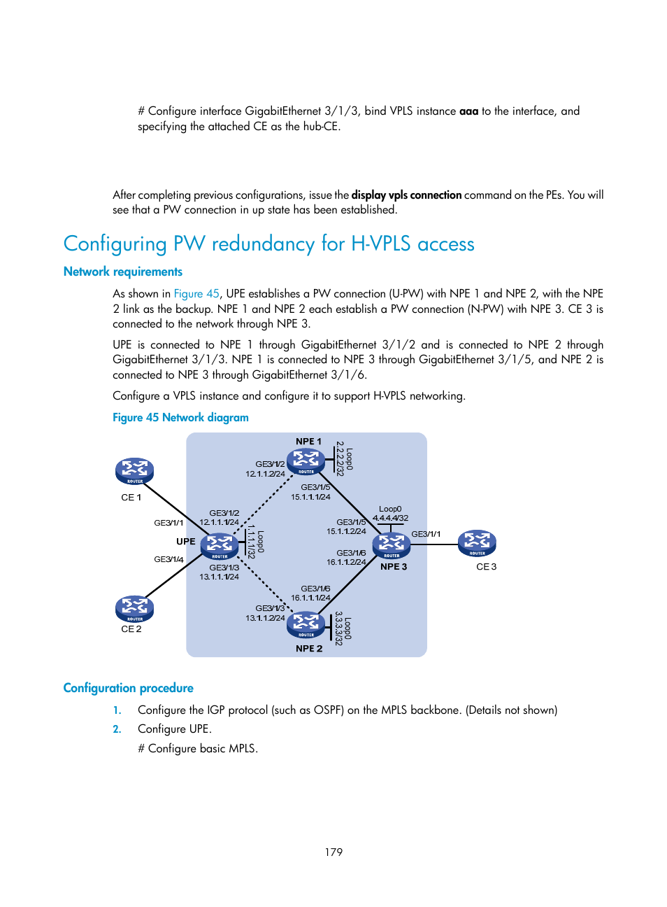 Configuring pw redundancy for h-vpls access, Network requirements, Configuration procedure | H3C Technologies H3C SR8800 User Manual | Page 190 / 410