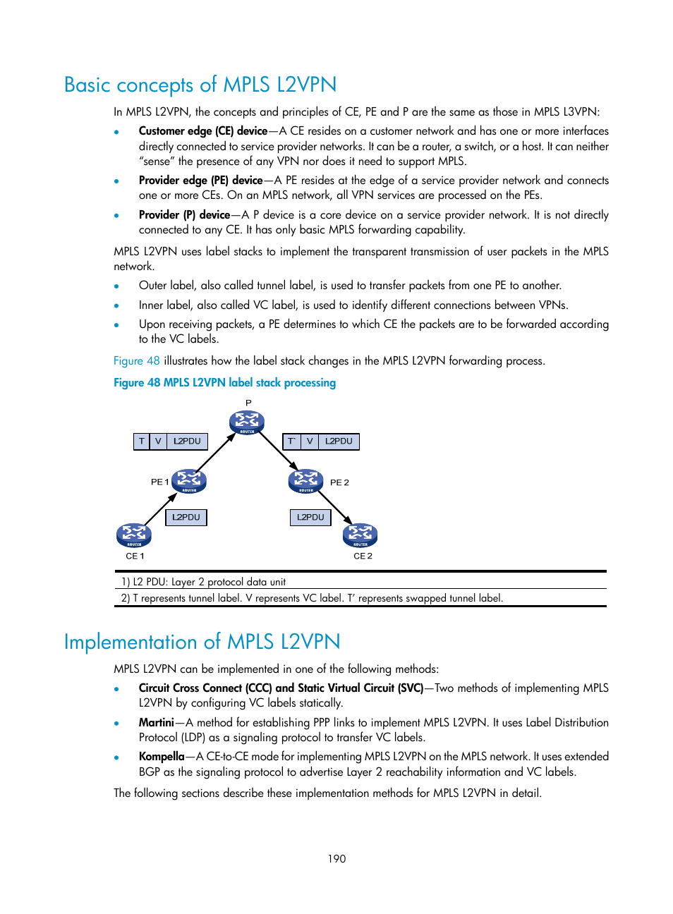 Basic concepts of mpls l2vpn, Implementation of mpls l2vpn | H3C Technologies H3C SR8800 User Manual | Page 201 / 410