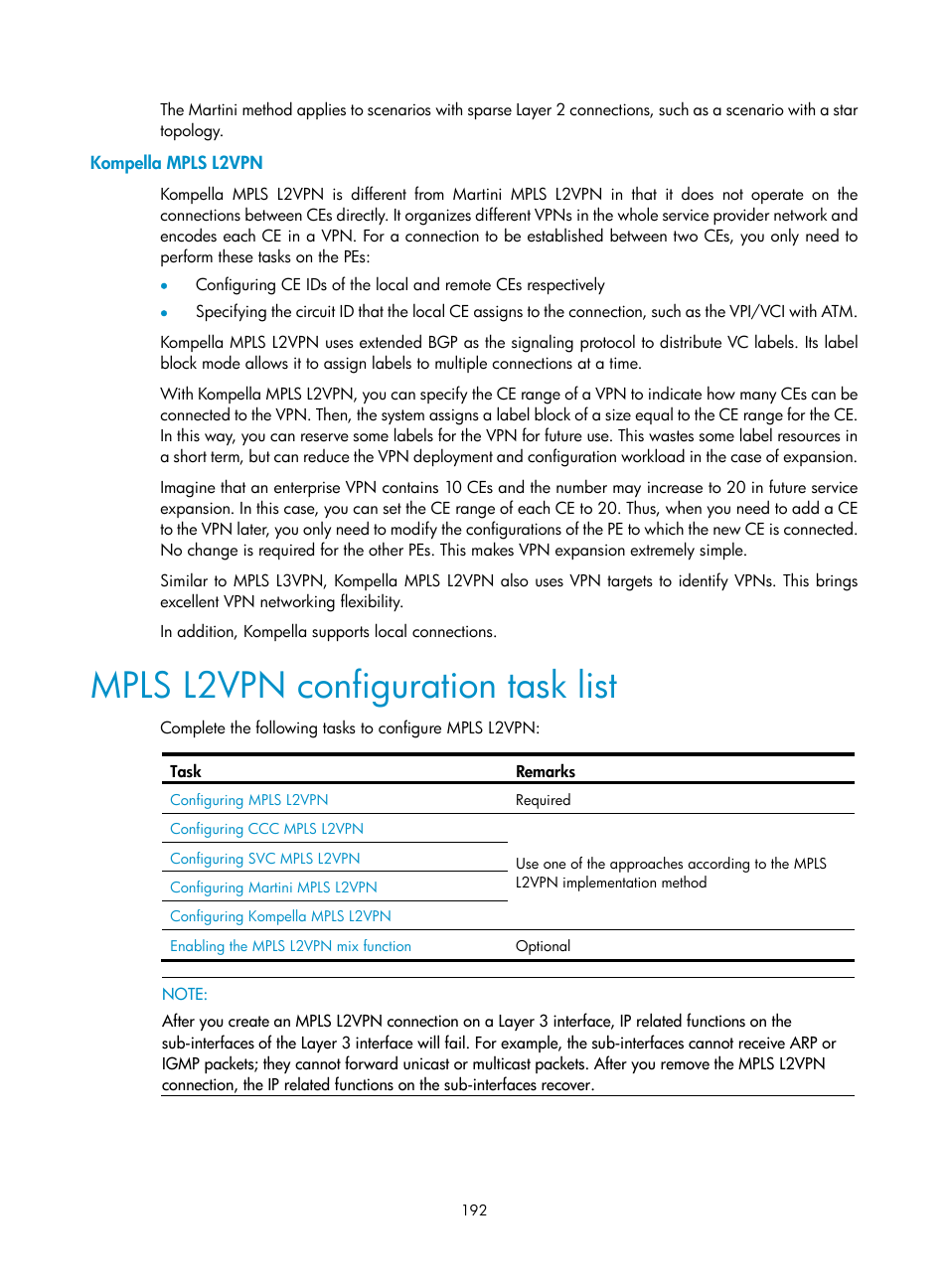 Kompella mpls l2vpn, Mpls l2vpn configuration task list | H3C Technologies H3C SR8800 User Manual | Page 203 / 410