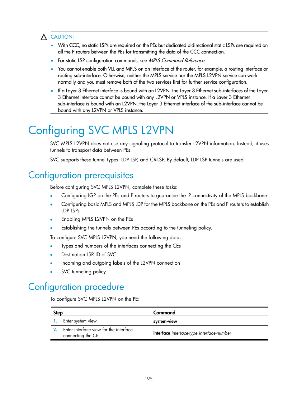 Configuring svc mpls l2vpn, Configuration prerequisites, Configuration procedure | H3C Technologies H3C SR8800 User Manual | Page 206 / 410