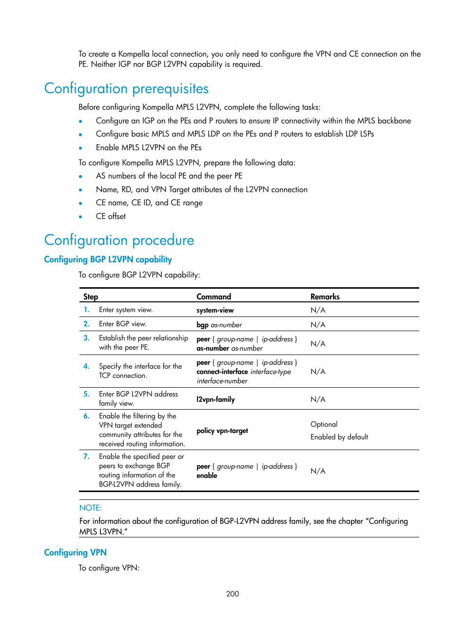 Configuration prerequisites, Configuration procedure, Configuring bgp l2vpn capability | Configuring vpn | H3C Technologies H3C SR8800 User Manual | Page 211 / 410