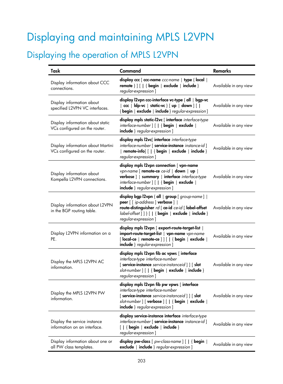 Displaying and maintaining mpls l2vpn, Displaying the operation of mpls l2vpn | H3C Technologies H3C SR8800 User Manual | Page 214 / 410