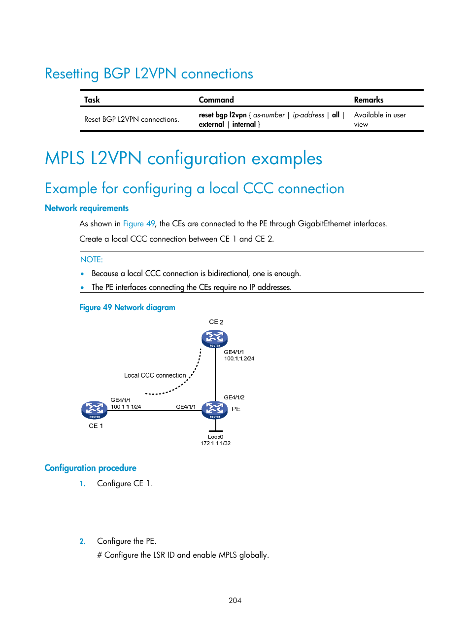 Resetting bgp l2vpn connections, Mpls l2vpn configuration examples, Example for configuring a local ccc connection | Network requirements, Configuration procedure | H3C Technologies H3C SR8800 User Manual | Page 215 / 410