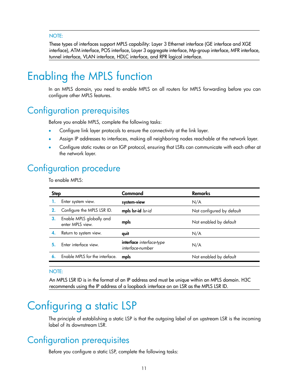 Enabling the mpls function, Configuration prerequisites, Configuration procedure | Configuring a static lsp | H3C Technologies H3C SR8800 User Manual | Page 22 / 410