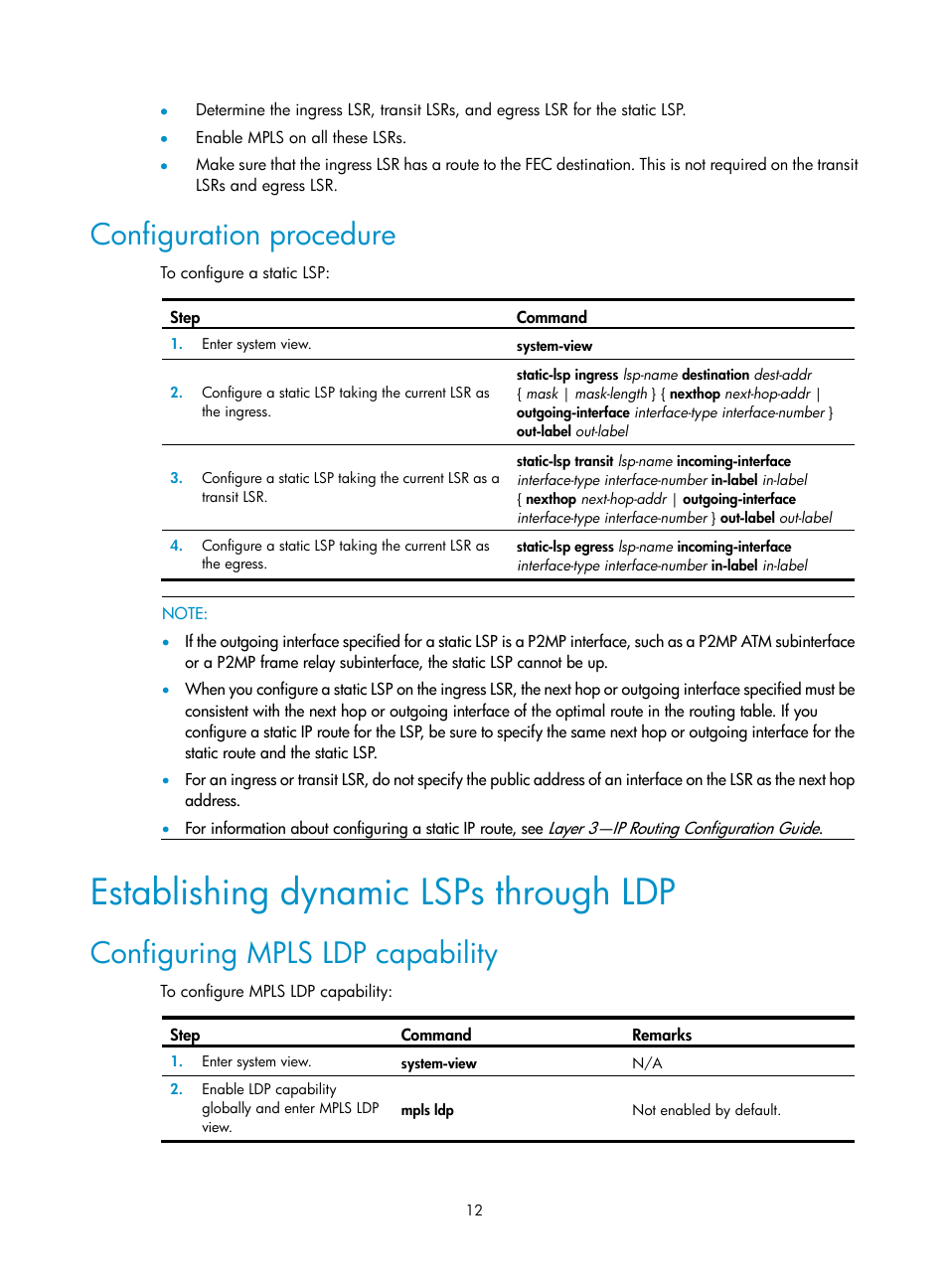 Configuration procedure, Establishing dynamic lsps through ldp, Configuring mpls ldp capability | H3C Technologies H3C SR8800 User Manual | Page 23 / 410