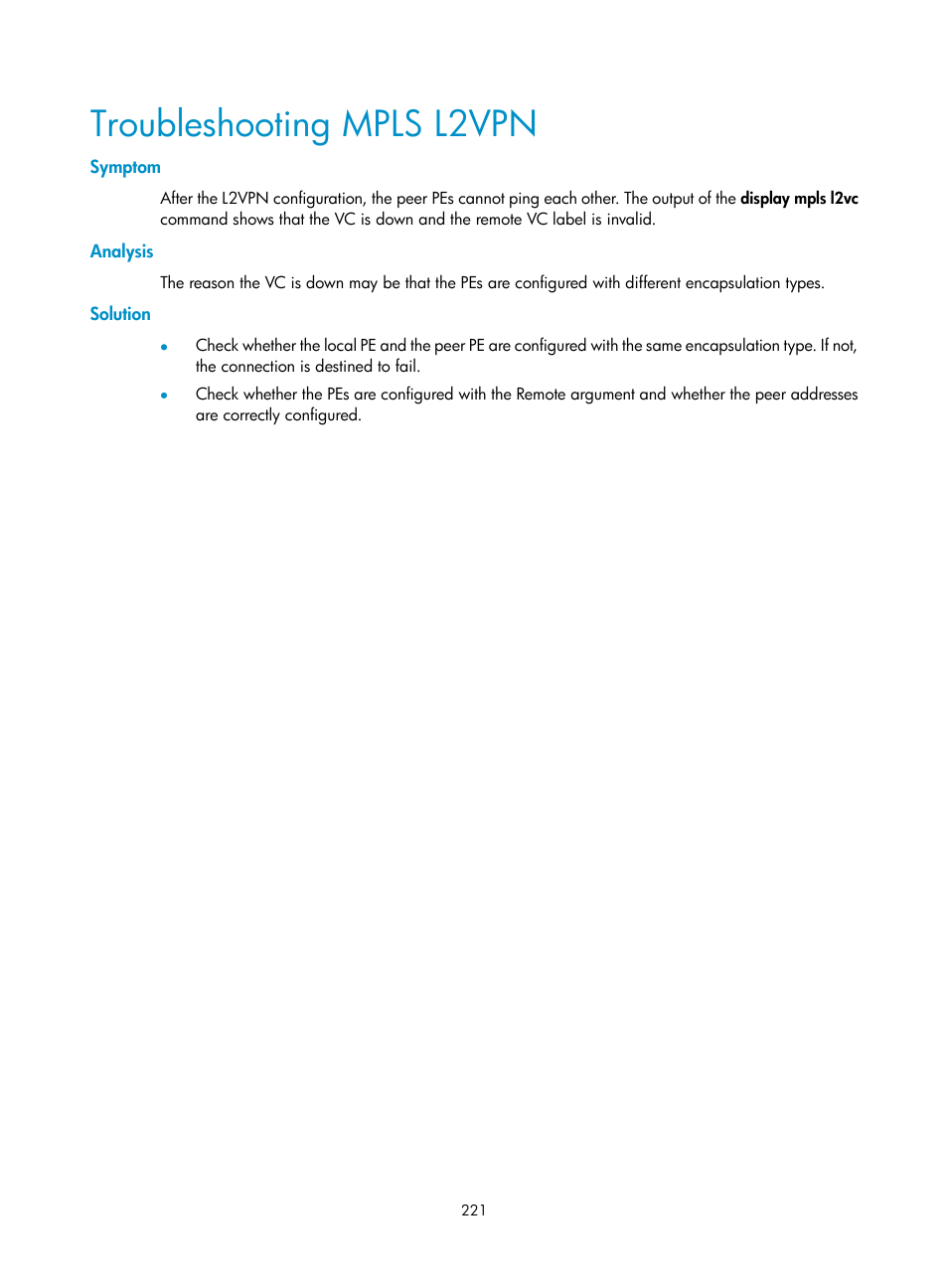 Troubleshooting mpls l2vpn, Symptom, Analysis | Solution | H3C Technologies H3C SR8800 User Manual | Page 232 / 410