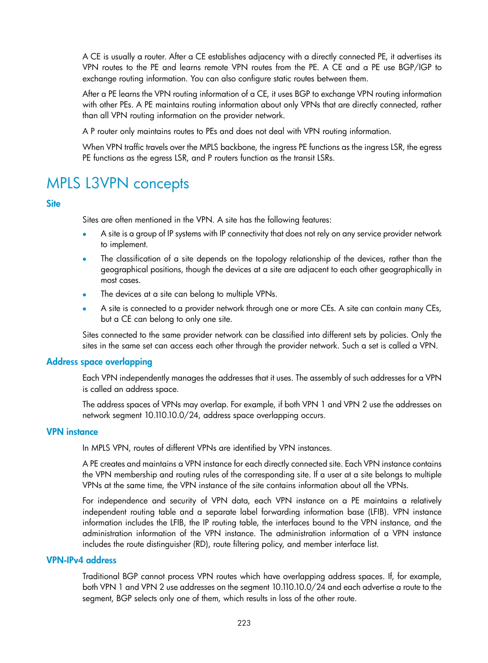 Mpls l3vpn concepts, Site, Address space overlapping | Vpn instance, Vpn-ipv4 address | H3C Technologies H3C SR8800 User Manual | Page 234 / 410