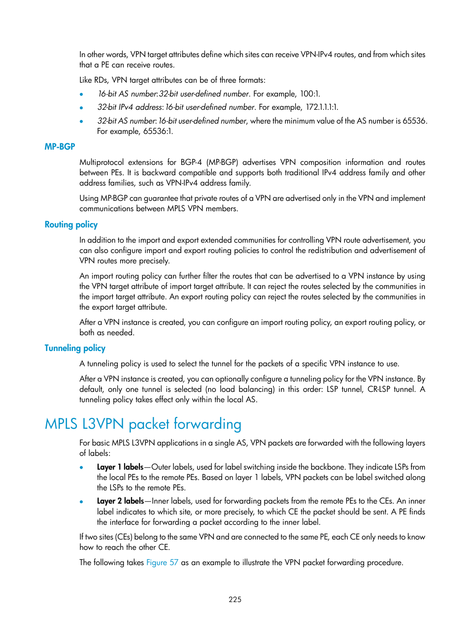 Mp-bgp, Routing policy, Tunneling policy | Mpls l3vpn packet forwarding | H3C Technologies H3C SR8800 User Manual | Page 236 / 410