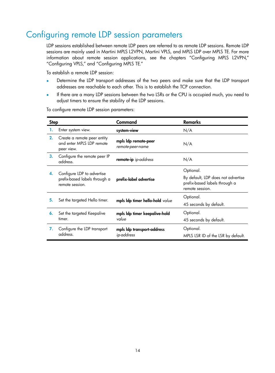 Configuring remote ldp session parameters | H3C Technologies H3C SR8800 User Manual | Page 25 / 410