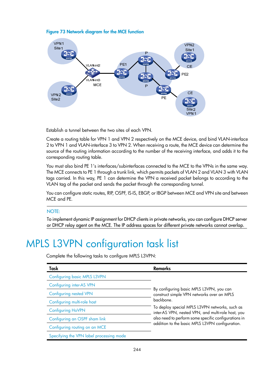 Mpls l3vpn configuration task list, Figure 73 | H3C Technologies H3C SR8800 User Manual | Page 255 / 410