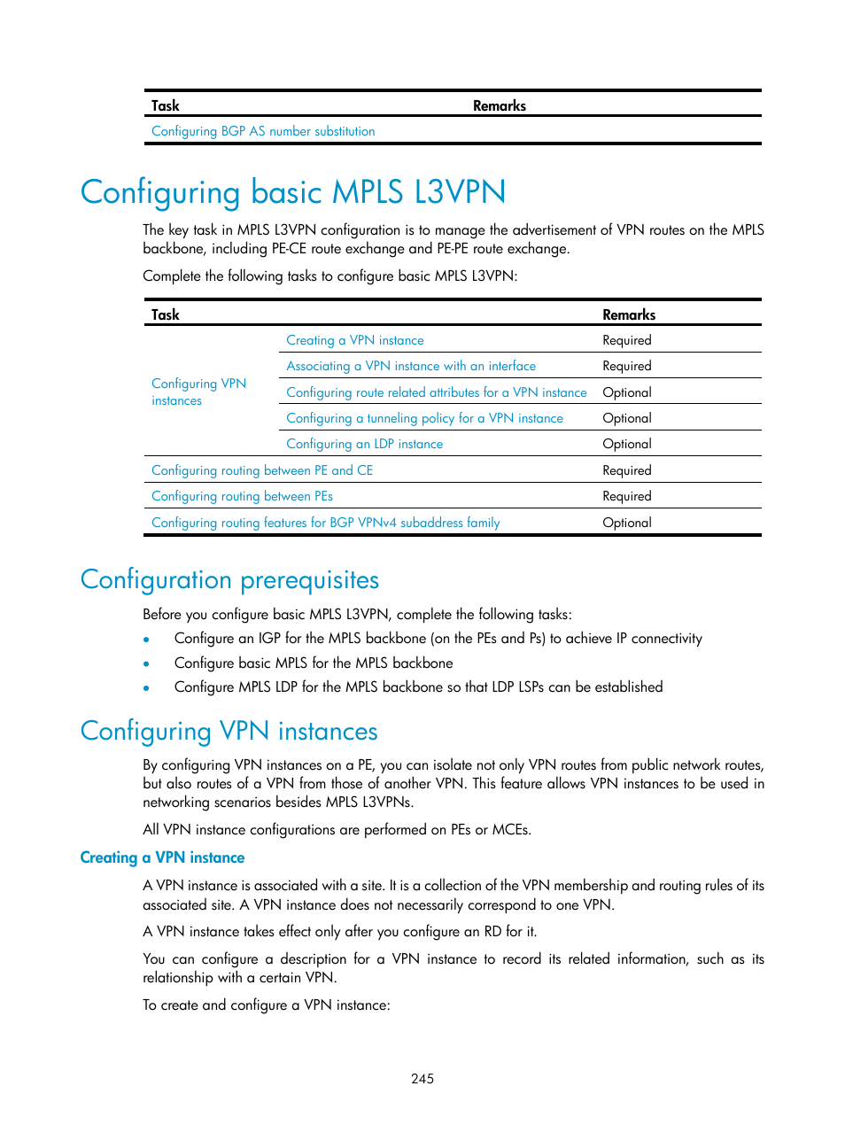 Configuring basic mpls l3vpn, Configuration prerequisites, Configuring vpn instances | Creating a vpn instance | H3C Technologies H3C SR8800 User Manual | Page 256 / 410